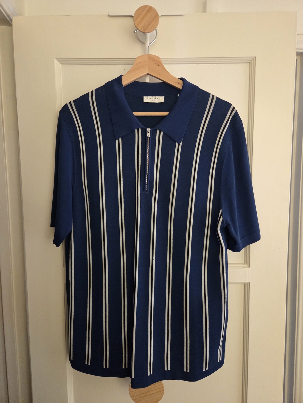 Men's Sandro Navy Vertical-Stripe Zip Polo Shirt